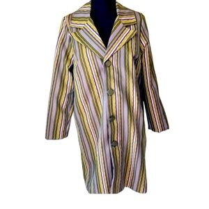 Vintage Jill Houser Green White Blue Striped Trench Coat
